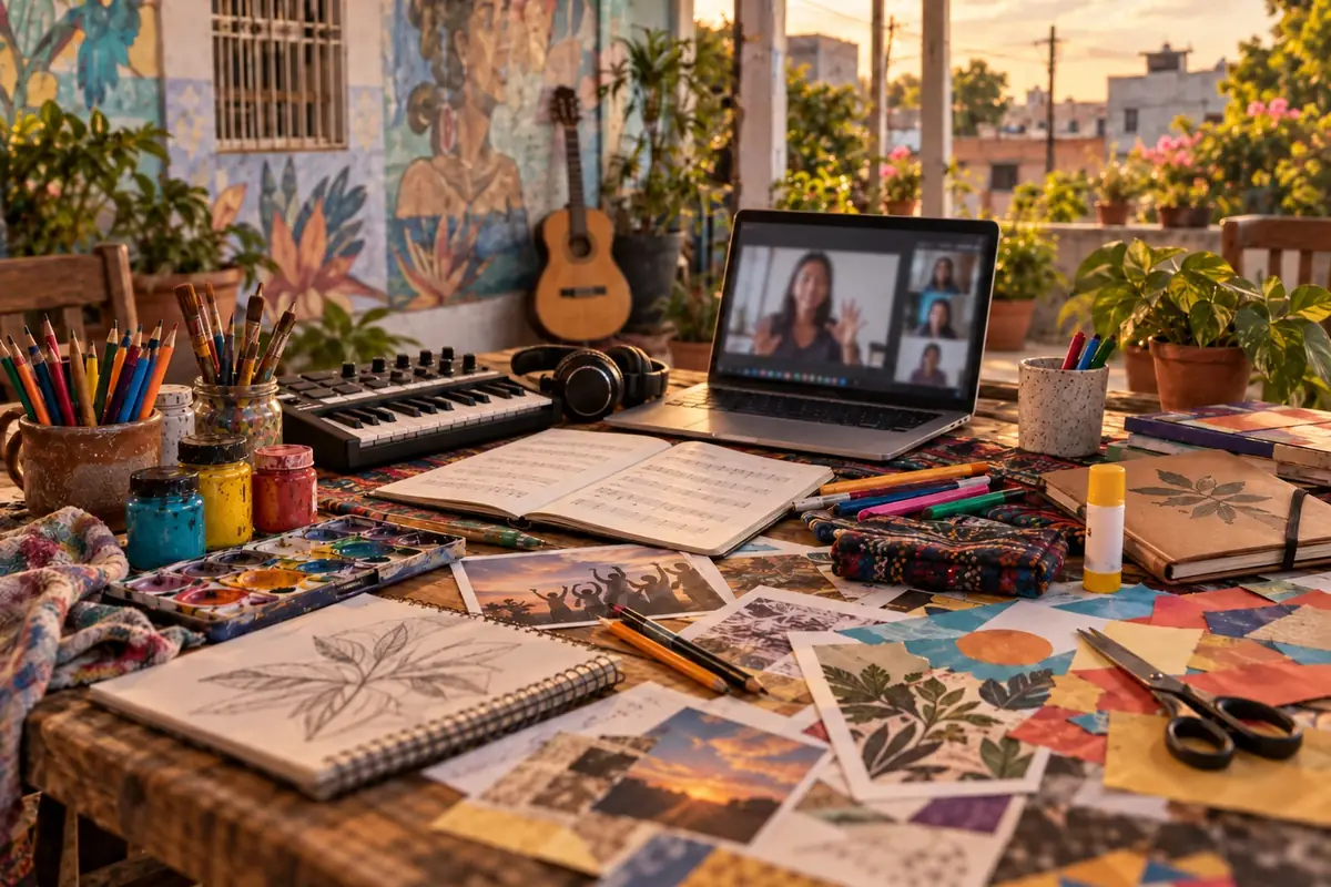 Ilustración: una mesa de trabajo al atardecer con lápices, acuarelas, un teclado, partituras y recortes, y una laptop con una videollamada abierta