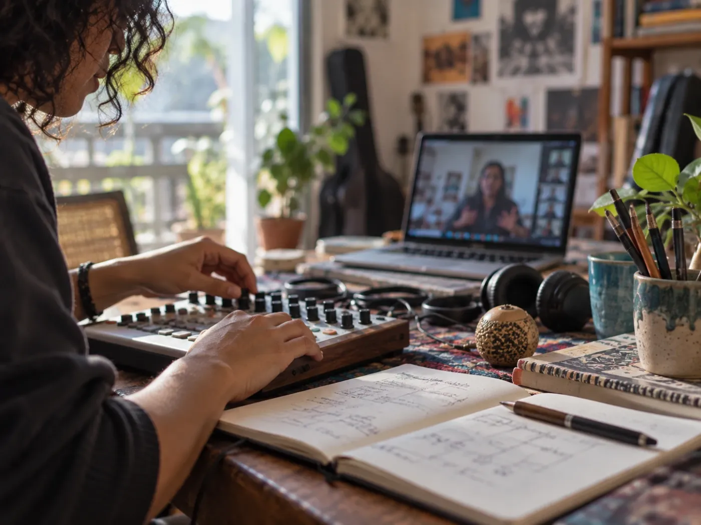 Ilustración: unas manos trabajan en un controlador musical junto a un cuaderno con apuntes; al fondo, una tallerista en videollamada