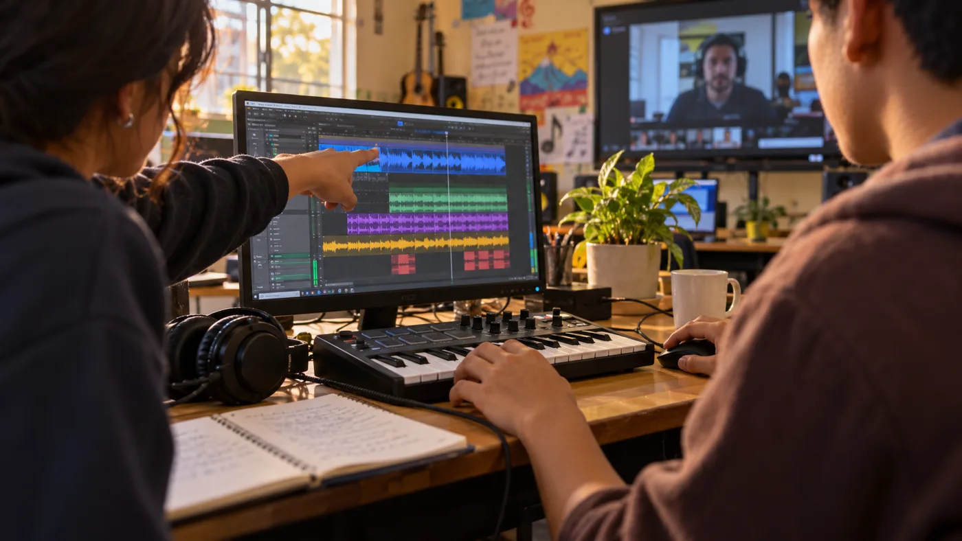 Ilustración: dos estudiantes de espaldas trabajan juntos frente a una pantalla de edición de audio, con un teclado MIDI y audífonos sobre la mesa, mientras un facilitador guía la sesión desde una videollamada al fondo