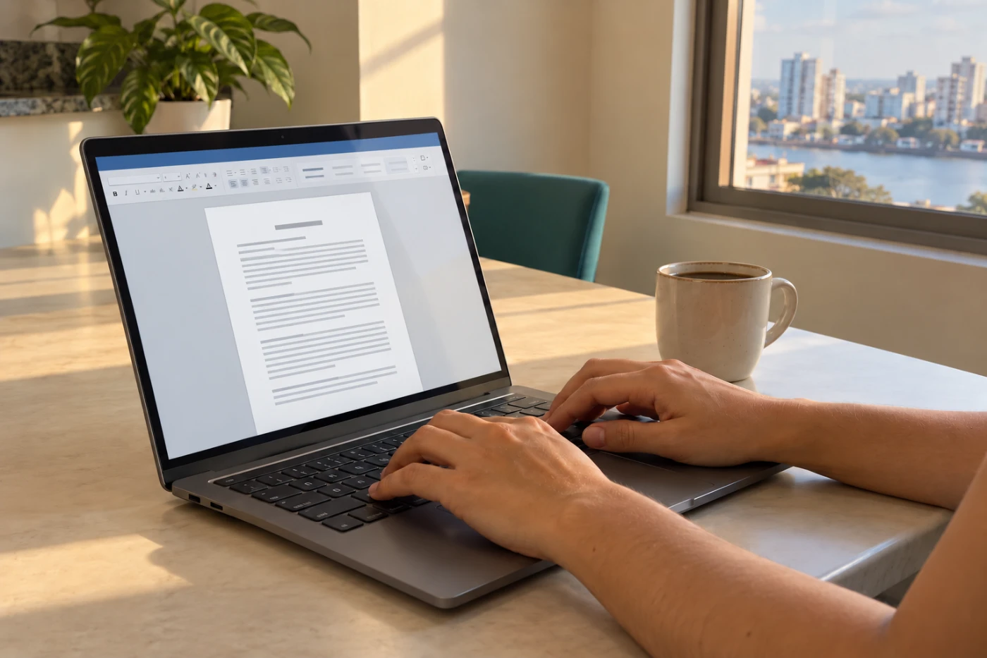 Manos escribiendo un documento en una laptop sobre una mesa, junto a una taza de café, con luz de tarde entrando por una ventana.