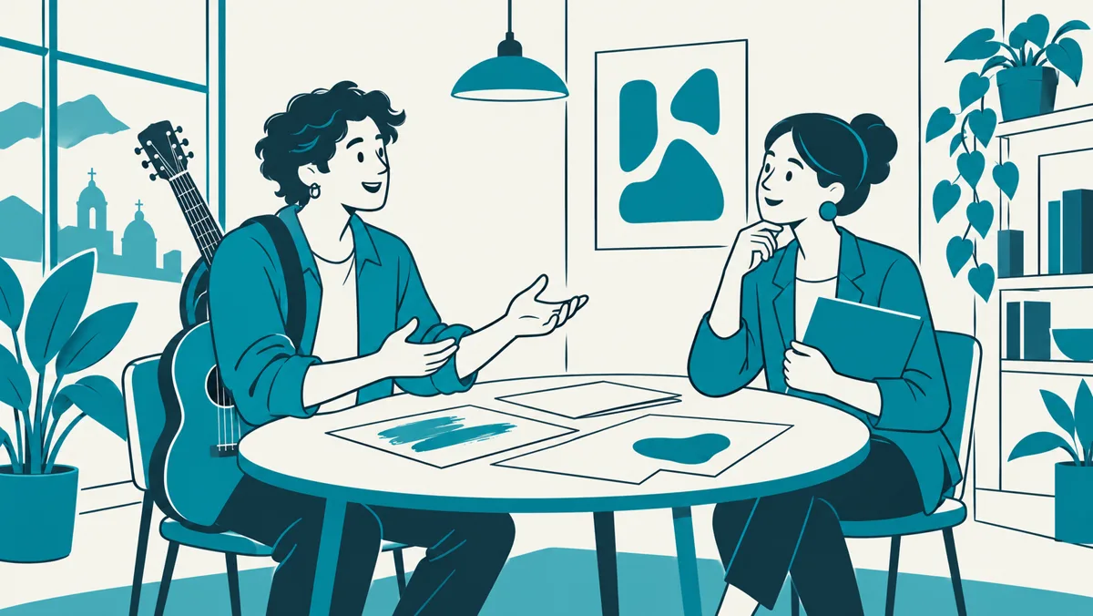 Ilustración de dos personas conversando de pie en una sala luminosa, una con un instrumento al hombro y otra con una carpeta, junto a una mesa con papeles ordenados