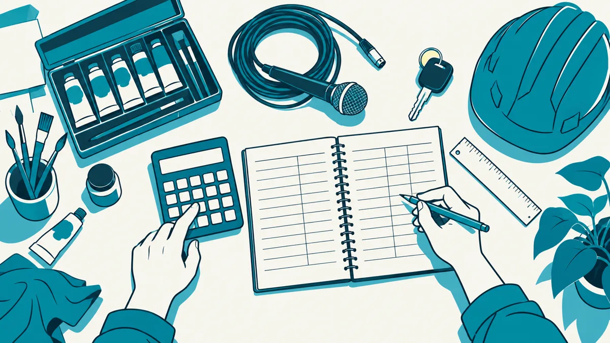 Ilustración vista desde arriba de una mesa de trabajo con una calculadora, una libreta con columnas, una regla y objetos que representan los costos: pinturas, un cable de micrófono, una llave y un casco