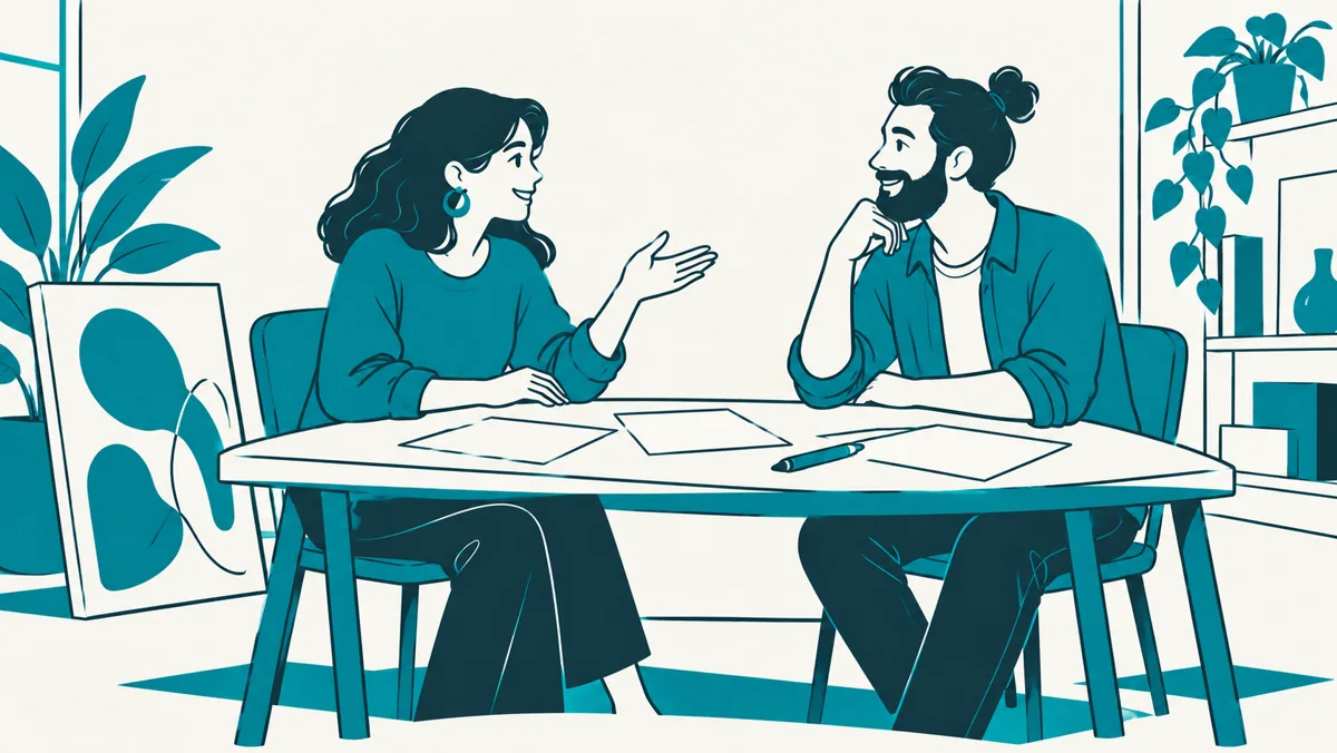 Ilustración de dos personas conversando a ambos lados de una mesa, con unas hojas y una pluma entre ellas y una obra terminada apoyada a un lado