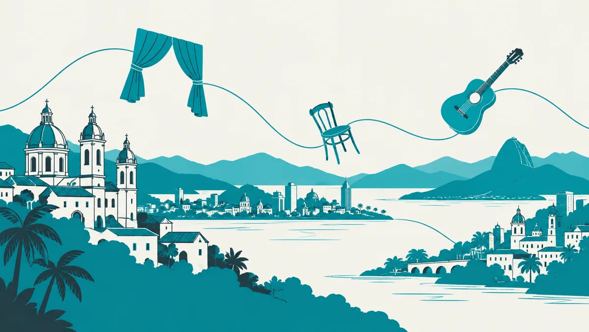 Ilustración: ciudades y montañas unidas por líneas finas por las que viajan un telón de teatro, una silla y una guitarra