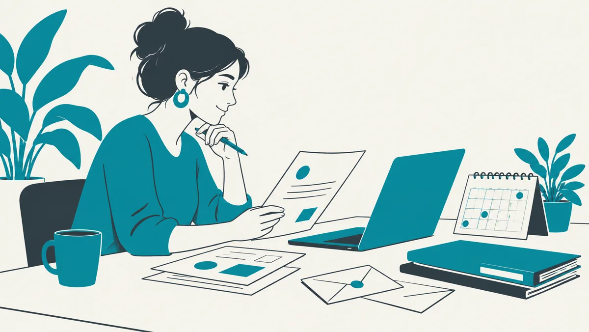 Ilustración: una persona sentada a su mesa revisa papeles de postulación junto a un calendario y un computador, con un paisaje andino al fondo