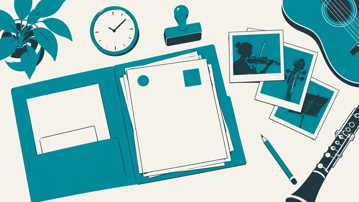 Ilustración vista desde arriba: una carpeta abierta con documentos ordenados, un sello, un reloj, fotografías y un instrumento musical sobre una mesa