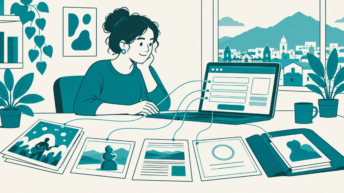 Ilustración de una persona sentada frente a una laptop con un formulario en pantalla; sobre la mesa, un afiche, una foto de una obra, un recorte de periódico, un certificado y una carpeta, unidos por líneas finas a la pantalla. Por la ventana se ve una ciudad andina.